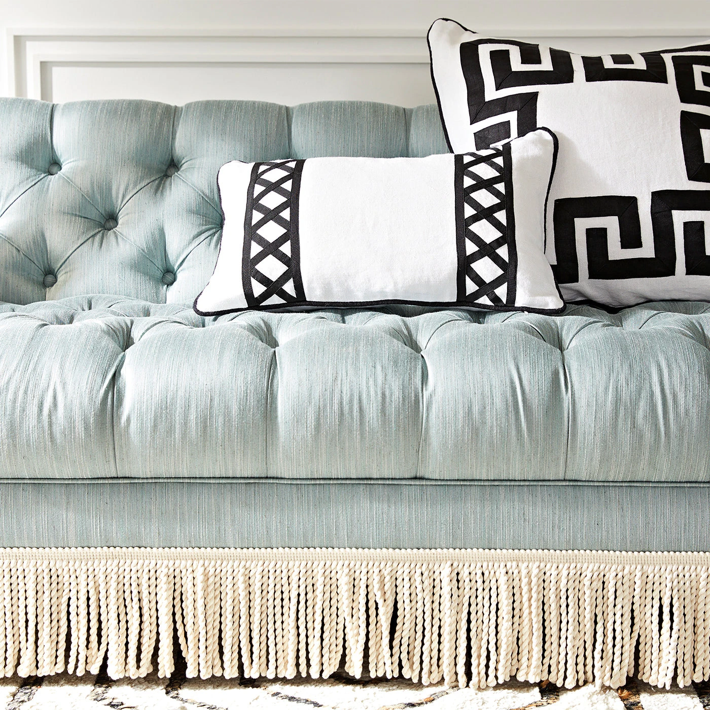 Web_JA_Spring17_Baxter_Sofa_Positano_Pillows_Lanscape.jpg Jonathan Adler Baxter T-Arm Sofa With Bullion Fringe