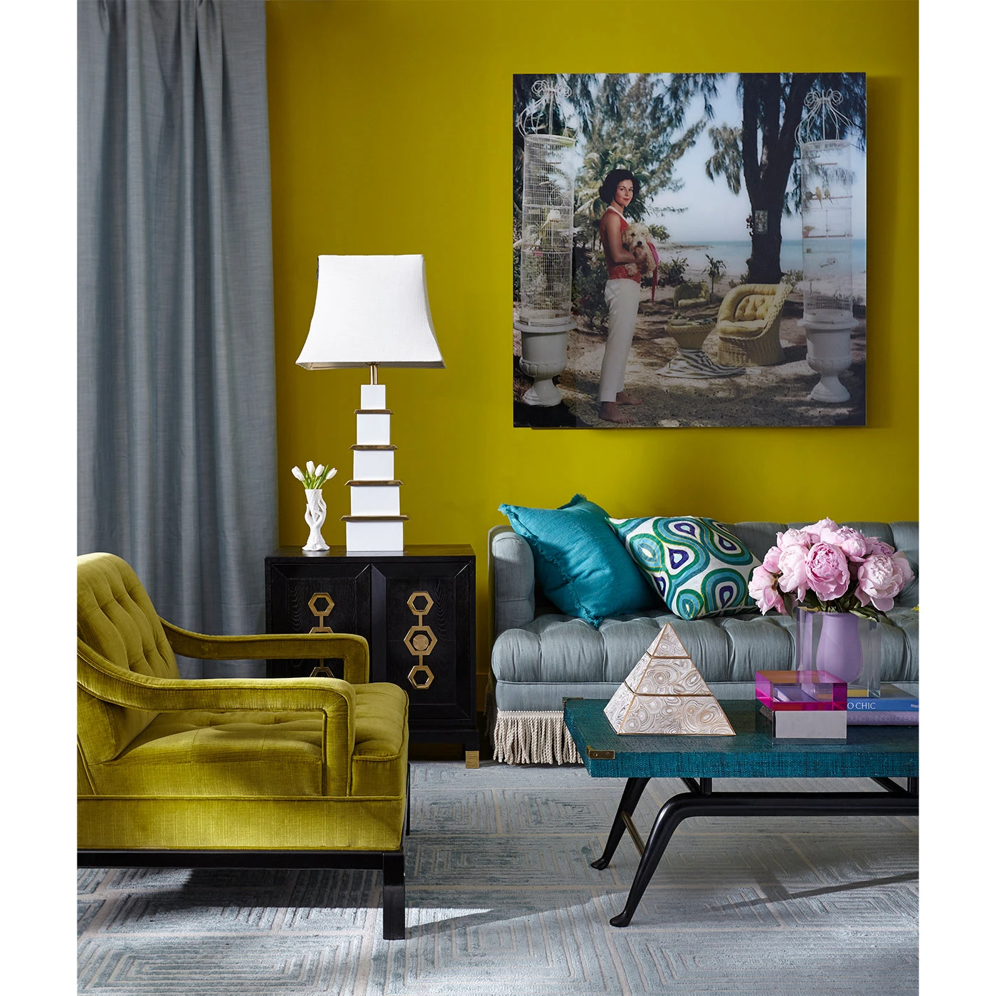 chinoiserie_colorful.jpg Jonathan Adler Baxter T-Arm Sofa With Bullion Fringe
